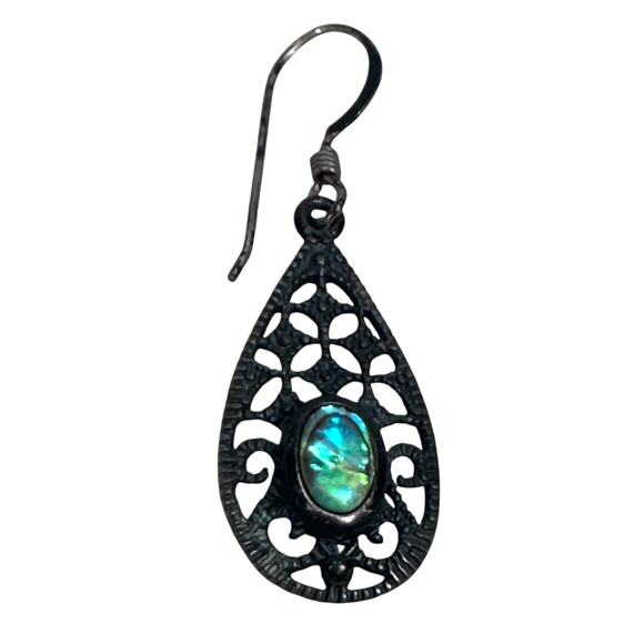 Sterling Silver Filigree Teardrop Earrings Simulated Opal Gemstone Jewelry Women - Picture 2 of 6
